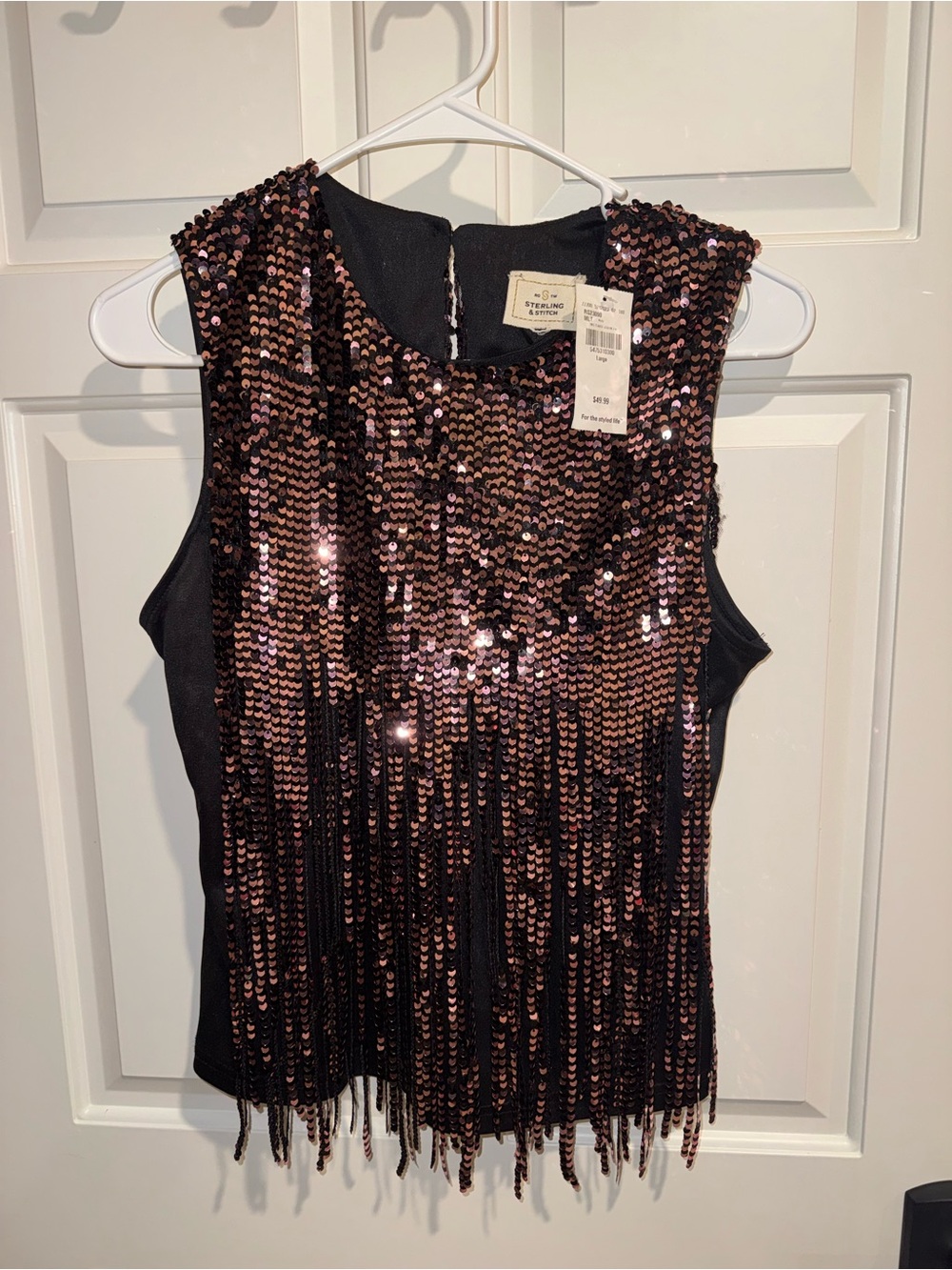 NWT Rose Gold Sequin Fringe Sleeveless Top Large
